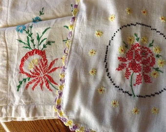 Vintage Pair (2) of Hand Embroidered Dresser Runners Floral Designs