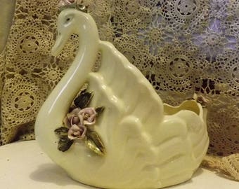 Vintage White Porcelain Swan Planter With Decorative Porcelain Lavender Roses