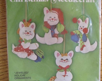 Bucilla "Jeweled" Holiday Ornaments kit titled "Three Little Kittens" Set of 4