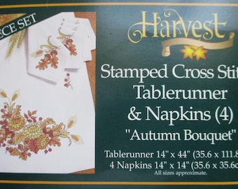 Harvest Autumn Bouquet Stamped Cross Stitch Table runner Napkin(4) Set Kit (5 piece set)