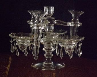 Antique Glass 2 Tier Candelabra With 3 Piece Epergne, 4 Candle Holders With Drip Trays Embellished With Glass Prisms (9 piece item )