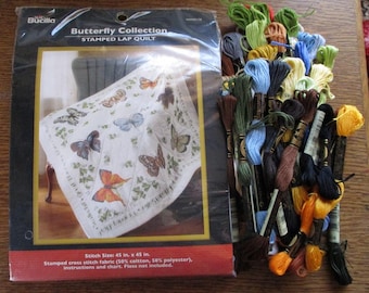 Bucilla Butterfly Collection Stamped Cross Stitch Embroidery Lap Quilt Kit WM45178 ( DMC Floss Included)