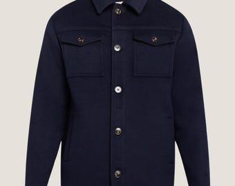 Men's Navy Wool Blend Trucker Jacket – Vintage Button Front Coat