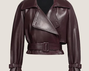 Handmade Burgundy Lambskin Leather Biker Jacket – Cropped Moto Style