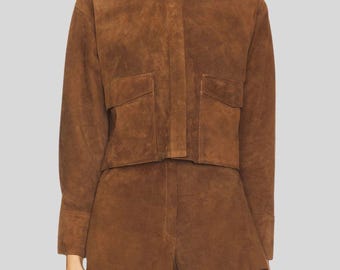 Handmade Brown Suede Cropped Jacket – Minimalist Stand Collar Design