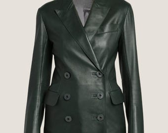Handmade Forest Green Leather Blazer – Double-Breasted Women's Jacket