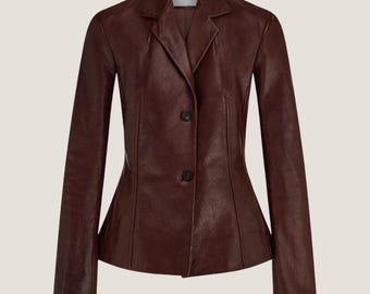 Women Burgundy Leather Blazer Tailored Fit | Fitted Leather Jacket for Women | Elegant Outerwear & Formal Wear