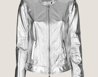 Handmade Silver Metallic Leather Moto Jacket, Women's Party Fashion
