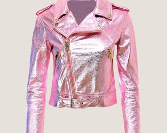 May include: A pink metallic leather jacket with a zipper closure and a belt at the waist.