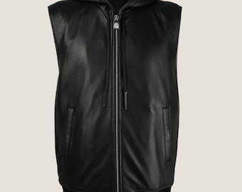 May include: A black leather hooded vest with a zip fastening. The vest has a ribbed hem and a drawstring hood.