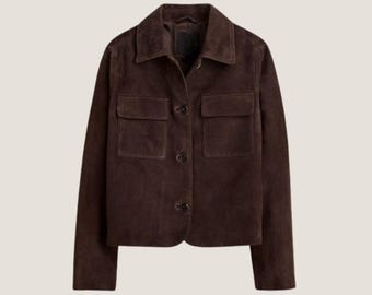 Chocolate Brown Suede Cropped Jacket – Luxury Women’s Outerwear, Handmade