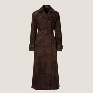 Women&#39;s Brown Suede Long Coat - Handmade Double Breasted Winter Trench Coat - Stylish Outerwear & Streetwear - Luxury Gift For Her / Wife