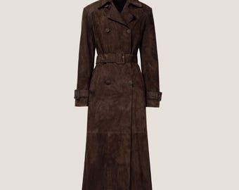 Handmade Suede Trench Coat – Dark Brown Goatskin Leather, Belted Winter Coat For Outerwear