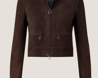 Handmade Brown Lambskin Suede Cropped Jacket – Zip Up, Long Sleeve