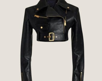 Blouson court en cuir noir fait main - Style moto ceinturé