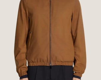 Handmade Brown Calf Suede Leather Jacket – High Neck, Zip-Up Bomber