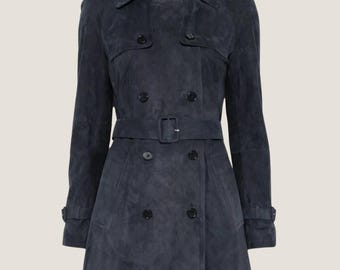 Handmade Black Suede Trench Coat - Double Breasted Belted Coat