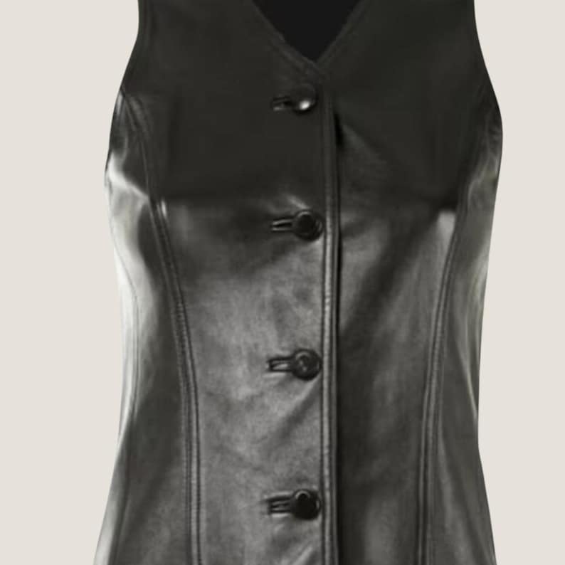 May include: A black leather vest with a v-neck and five button closures.