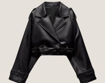 Chaqueta corta de piel de oveja hecha a mano: abrigo negro cruzado con cinturón