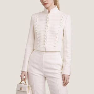 Women Ivory Cropped Wool Military Jacket - Structured Button Coat For Luxury Wear