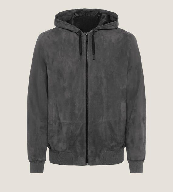 Men's Grey Suede Bomber Jacket Hooded Leather Zip-up Coat