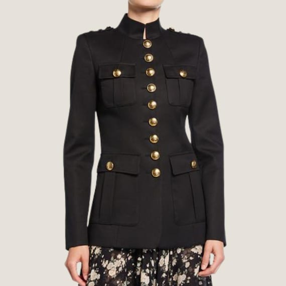 Black Cotton Military Coat - Gold Buttons, Handmade Officer Jacket