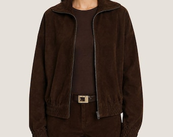 Brown Suede Bomber Jacket Women - Cropped Zip Up For Fashion Elastic Hem Casual Outerwear