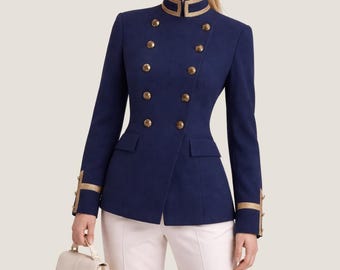 Navy Blue Military Blazer Women - Tailored Gold Button Jacket for Outerwear