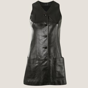 May include: A black leather sleeveless dress with a button-up front and two large pockets on the sides.