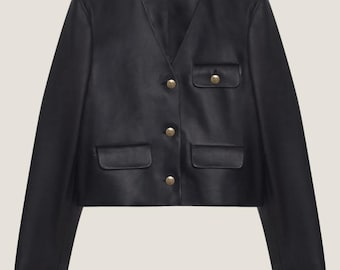 Black Cropped Leather Moto Jacket: Gold Button Detail