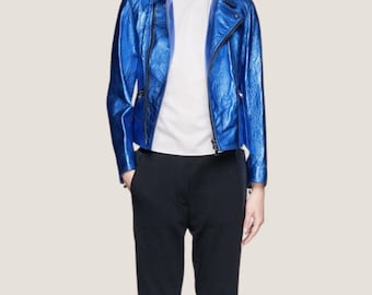 Metallic Blau Leder Bikerjacke, Moto Mantel