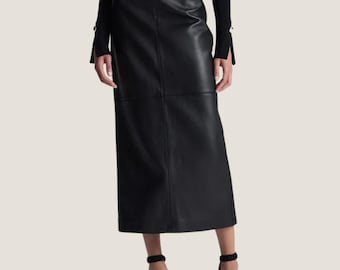 Handmade Black Lambskin Leather Midi Skirt - High Waisted A-Line
