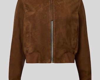 Chaqueta bomber de ante marrón hecha a mano, corta, con cremallera, para mujer