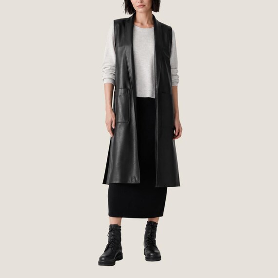 Black Long Leather Vest Women – Sleeveless Genuine Leather Duster, Handmade Streetwear