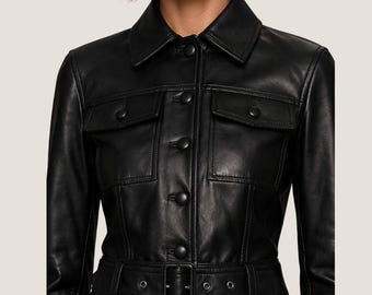Black Leather Shirt Jacket - Women Belted Fitted Utility Jacket For Fashion Wear