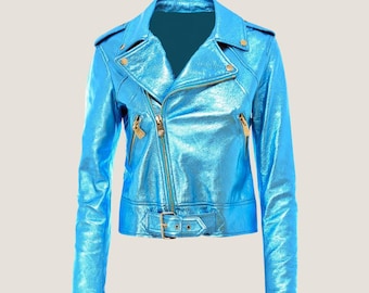 Handmade Metallic Blue Leather Motorcycle Jacket – Cropped, Asymmetrical