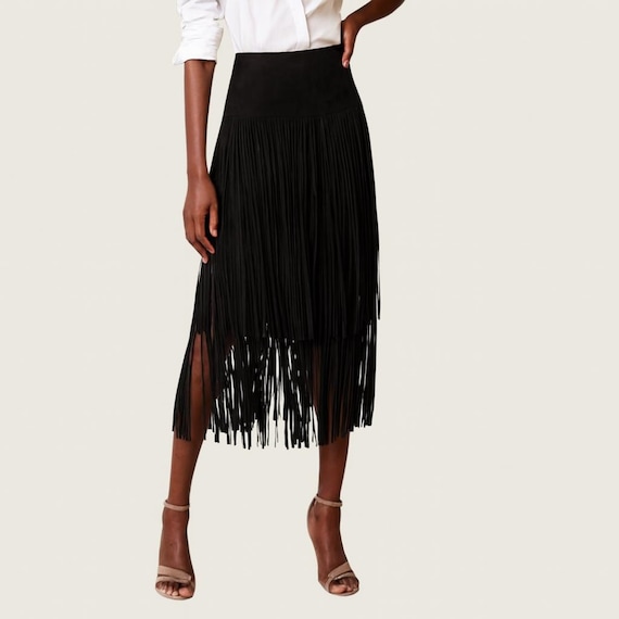 Black Goatskin Suede Fringe Midi Skirt – High Waist Festival Skirt