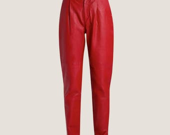 Red Lambskin Leather Pants, Handmade Straight-Leg Trousers