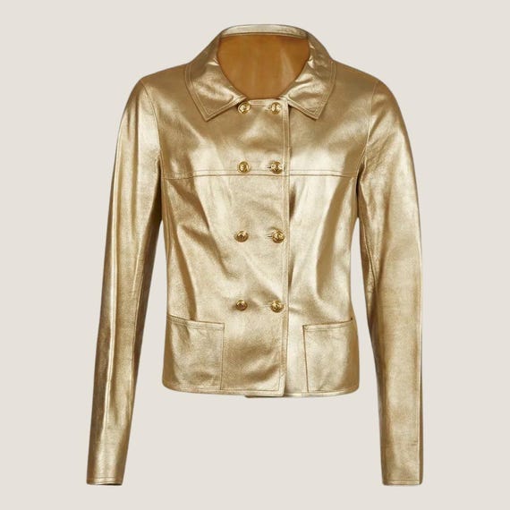 Vintage Gold Long Sleeve Leather Jacket for Women With Metallic