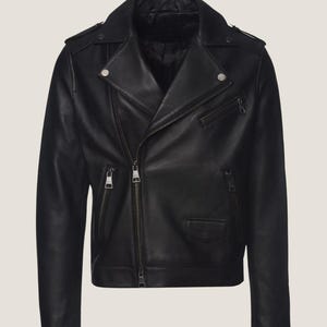 May include: A black leather motorcycle jacket with a zipper closure and multiple pockets.