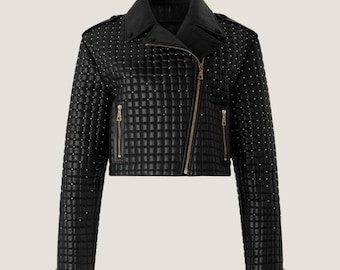 Cropped Leather Jacket Women | Black Quilted Sheepskin Leather Jacket | Luxury Short Casual Wear | Handmade Outerwear & Streetwear