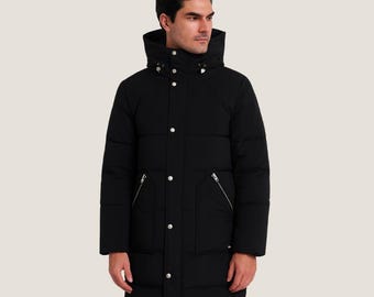 Abrigo largo de plumón de pato negro para hombre: chaqueta acolchada de invierno con capucha