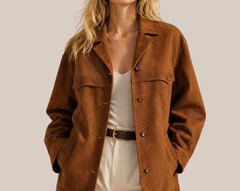 Women Brown Suede Jacket - Oversized Shirt Jacket Leather Shacket - Relaxed Fit For Outerwear