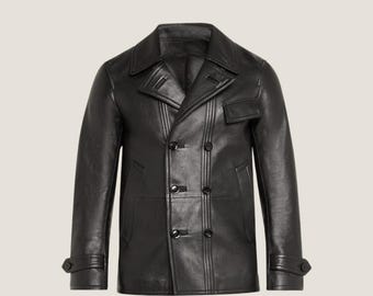 Handmade Black Leather Peacoat – Men's Double Breasted Winter Coat