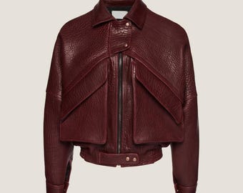 Burgundy Sheepskin Leather Moto Jacket – Cropped, Handmade