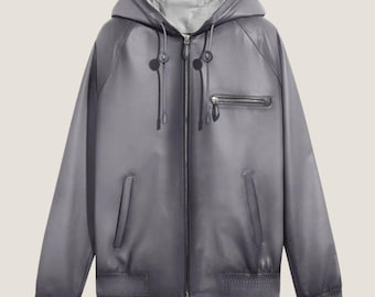 Men's Grey Leather Hoodie Jacket – Street Style Bomber Coat