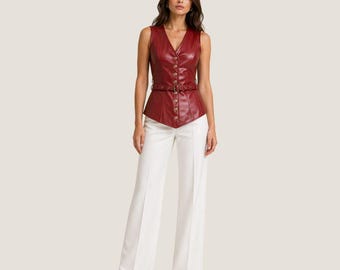 Red Leather Belted Vest Women - Button Front Sleeveless Style Waistcoat For Fashion Wear