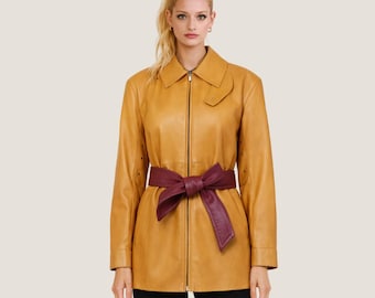 Yellow Leather Jacket With Burgundy Belt | Handmade Tailored Leather Jacket | Luxury Fitted Outerwear