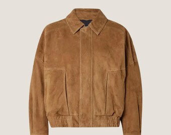 Boxy Fit Cropped Suede Jacket – Tan Brown Goatskin Leather, Satin Lined - Handmade Streetwear