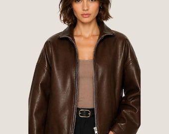 Women Brown Leather Jacket - Cropped Zip Up Oversized Minimal Leather Coat - Casual Outerwear
